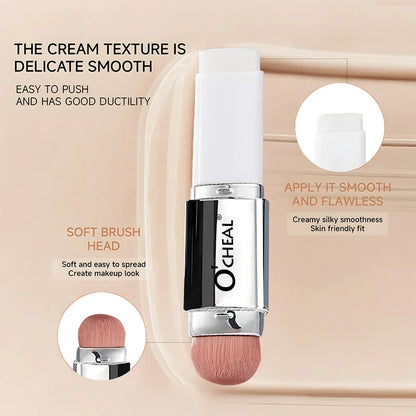 Blushimmer O'CHEAL temperature-changing foundation stick with double-headed design, matte finish, facial coverage, blemishes, and pores.
