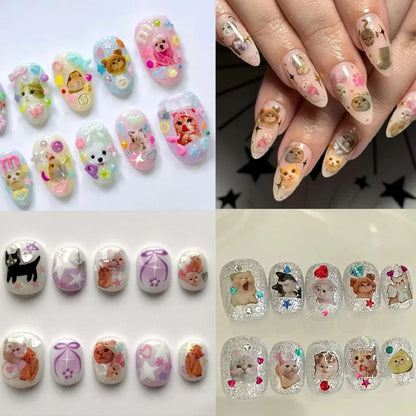 Cute 3D Korean cartoon dog, cat, bunny nail art stickers by Blushimmer featuring adorable puppy, kitty, star designs for creative manicures.
