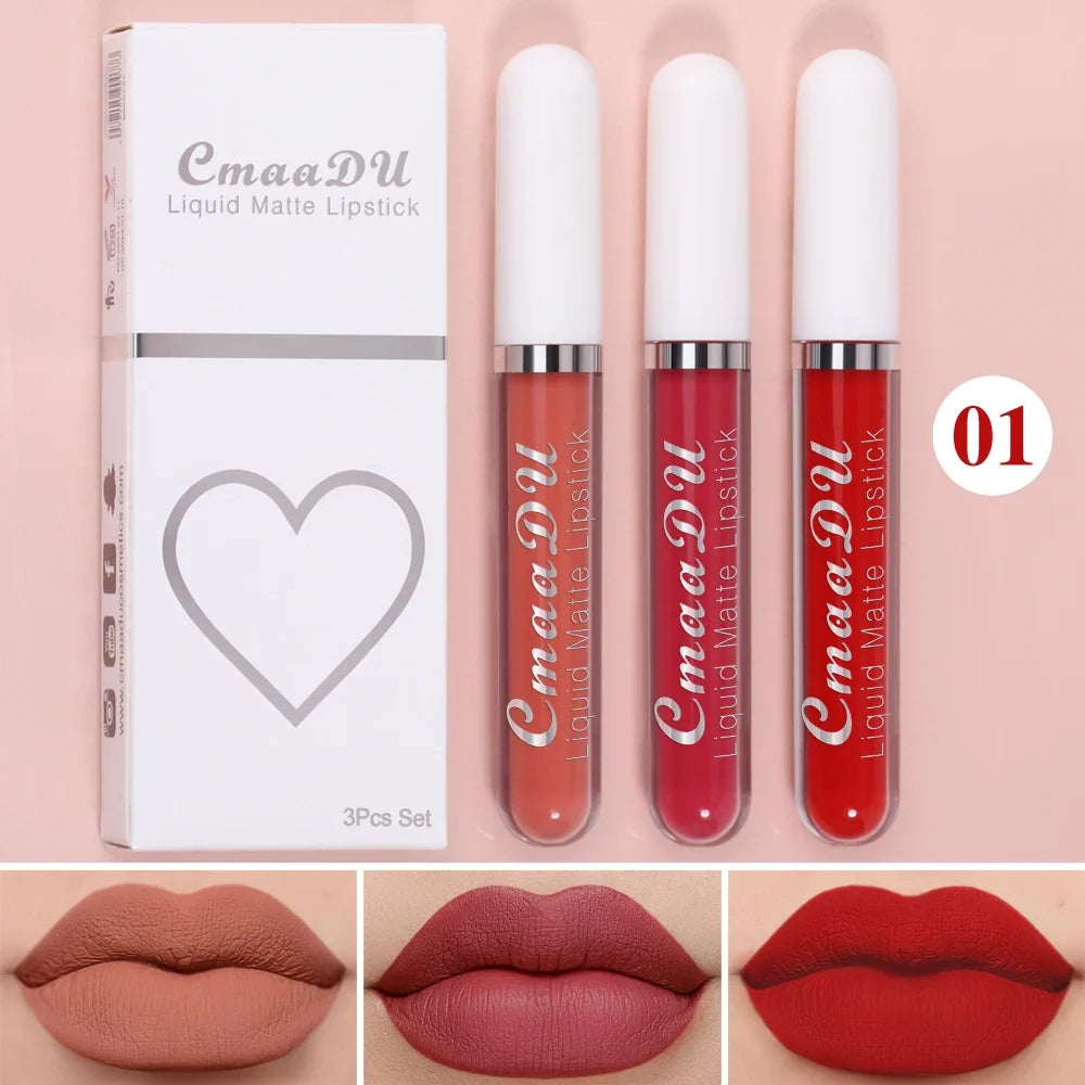 Blushimmer 3-piece matte lipstick and lip gloss set featuring long-lasting, waterproof, non-fading, and non-stick formulas.