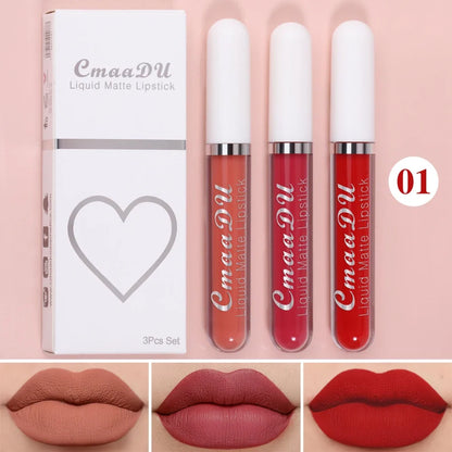 Blushimmer 3-piece matte lipstick and lip gloss set featuring long-lasting, waterproof, non-fading, and non-stick formulas.