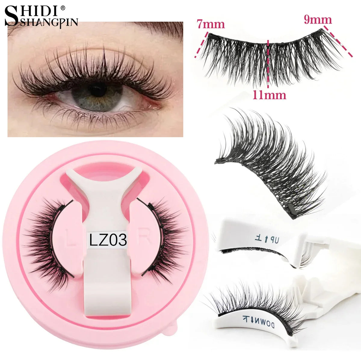 Pair of Blushimmer magnetic false eyelashes with fluffy faux mink style, reusable, shown with magnetic tweezers on a white background.