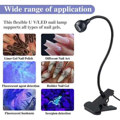 Blushimmer LED UV nail dryer lamp, portable mini USB nail polish gel curing lamp with flexible clip-on design for manicure salon use