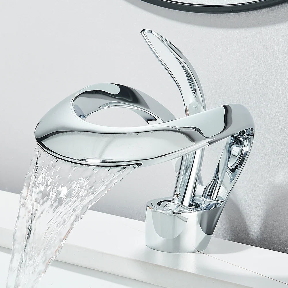 Solid Brass Waterfall Basin Faucet Single Handle Hot Cold Water Mixer Tap For Bathroom Sink