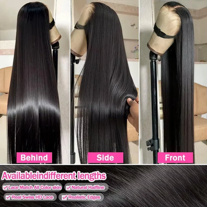 Brazilian 100% human hair wig by Selvanelle, 40-inch bone straight lace frontal, glueless, 13x4 HD transparent lace, pre-plucked with 250 density