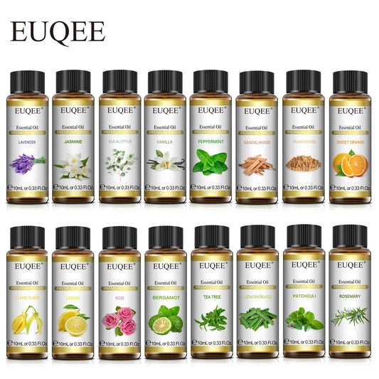 EUQEE 10ml natural plant essential oil with dropper, featuring lavender, jasmine, eucalyptus, and vanilla scents in a glass bottle.