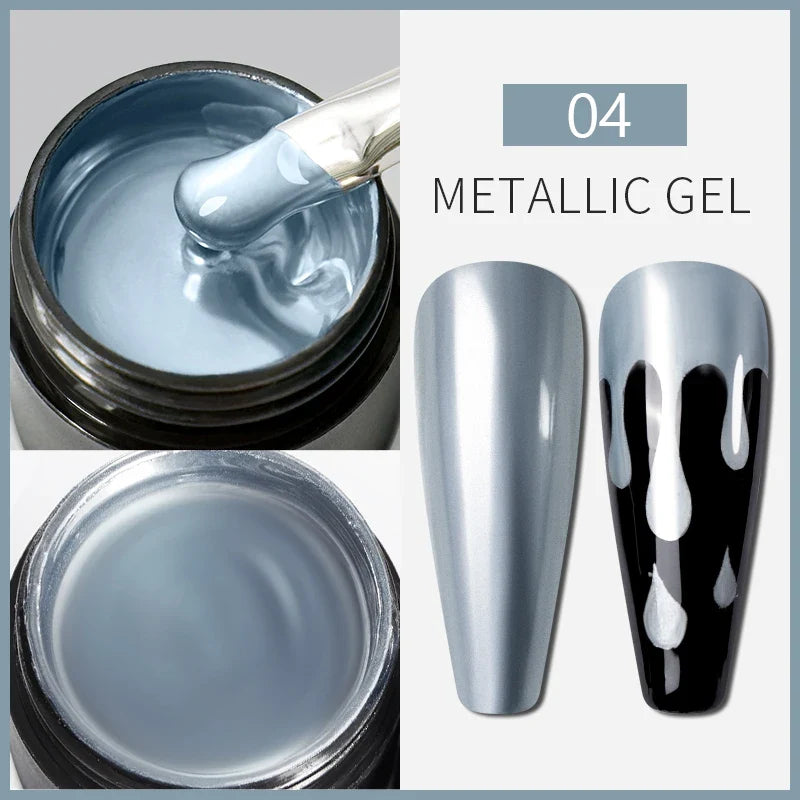Blushimmer 5ML metallic gel polish in gold and silver with chrome mirror finish for UV and LED semi-permanent nail art.