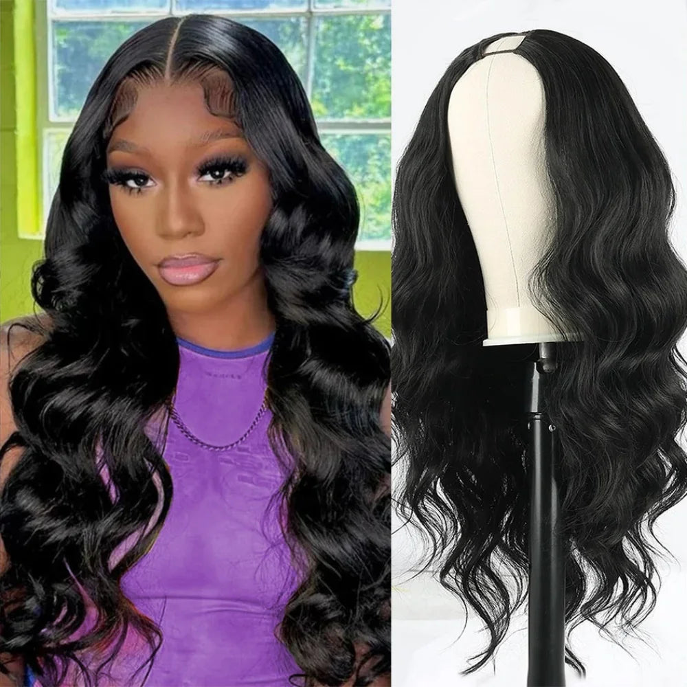 Glueless body wave V part human hair wig from UEENLY AE Warehouse, 200 density, natural color, 30-32 inch for women.