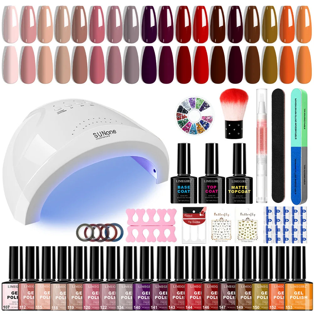 Set of 18PCS Blushimmer gel nail polish bottles with glitter art gel, UV light, base and top coat, and nail art stickers for manicure.