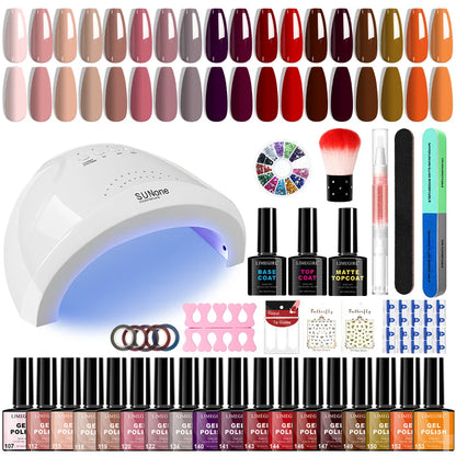 Set of 18PCS Blushimmer gel nail polish bottles with glitter art gel, UV light, base and top coat, and nail art stickers for manicure.