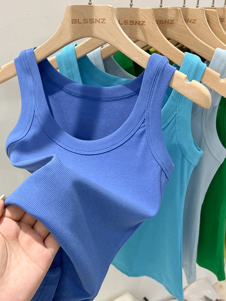 Zjaiss women's solid ribbed round neck tank top, elastic summer camisole with O-neck design, basic and comfortable fit.