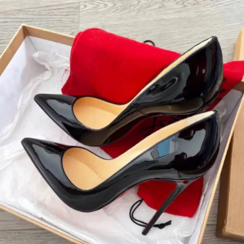 12cm 10cm Thin High Heels Sexy Patent Leather Pointed Toe Comfortable Stilettos Celebrity For Pumps OL Black dress Shoes Ladies