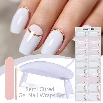 Blushimmer Harunouta 4-piece gradient jelly semi-cured gel nail strips with nude pink waterproof stickers and nail lamp.