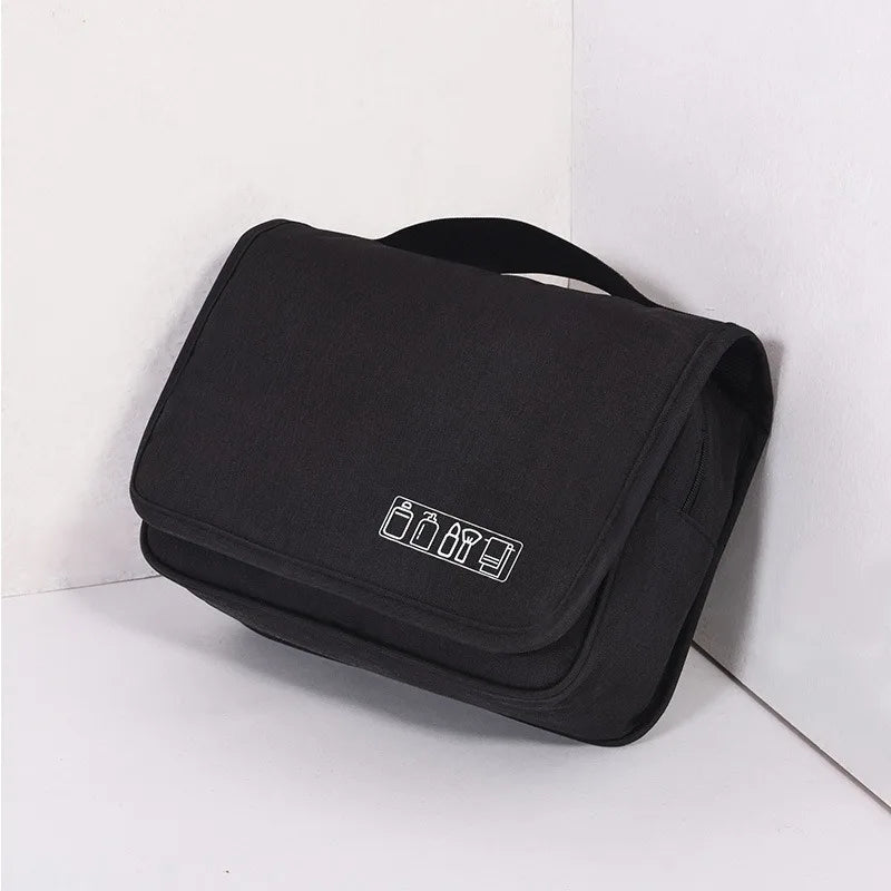 Blushimmer waterproof women’s travel makeup bag with hanging toiletries organizer and multiple storage compartments.
