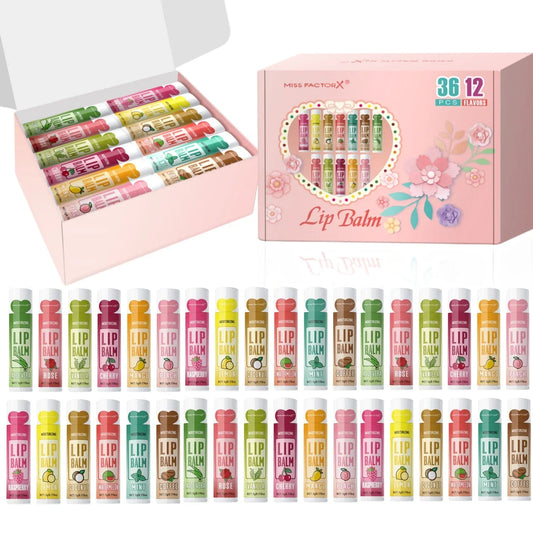 Set of 36 Blushimmer moisturizing lip balms in 5g tubes with brightening formula, perfect for gifting or personal use
