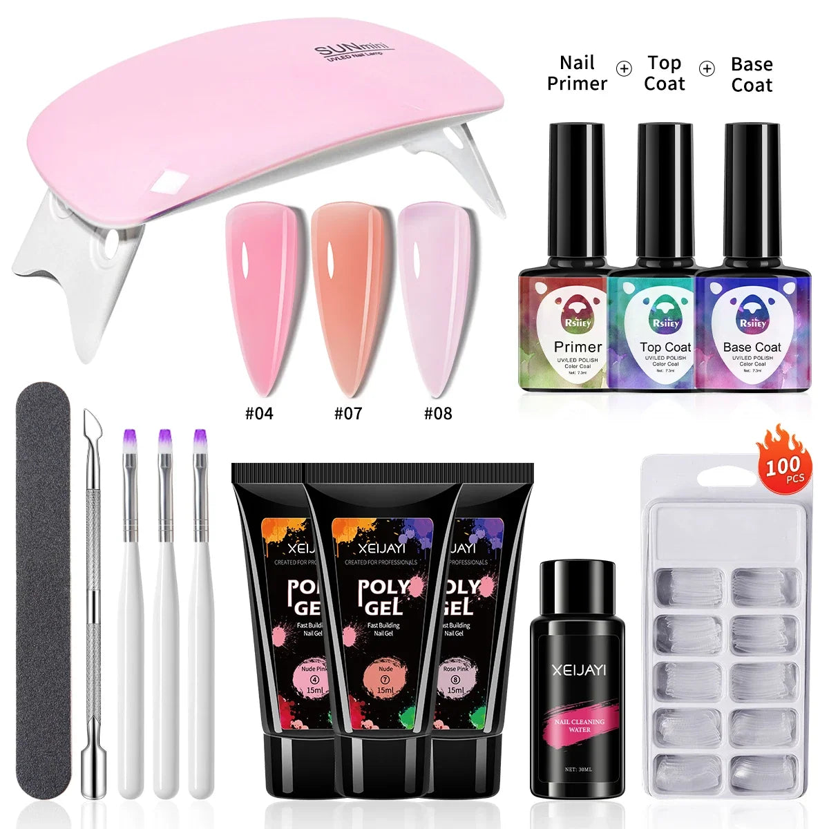 Blushimmer 3-piece 15ml poly nail gel set including extension gel, base, top coat, cleaning water, and nail mold kit.