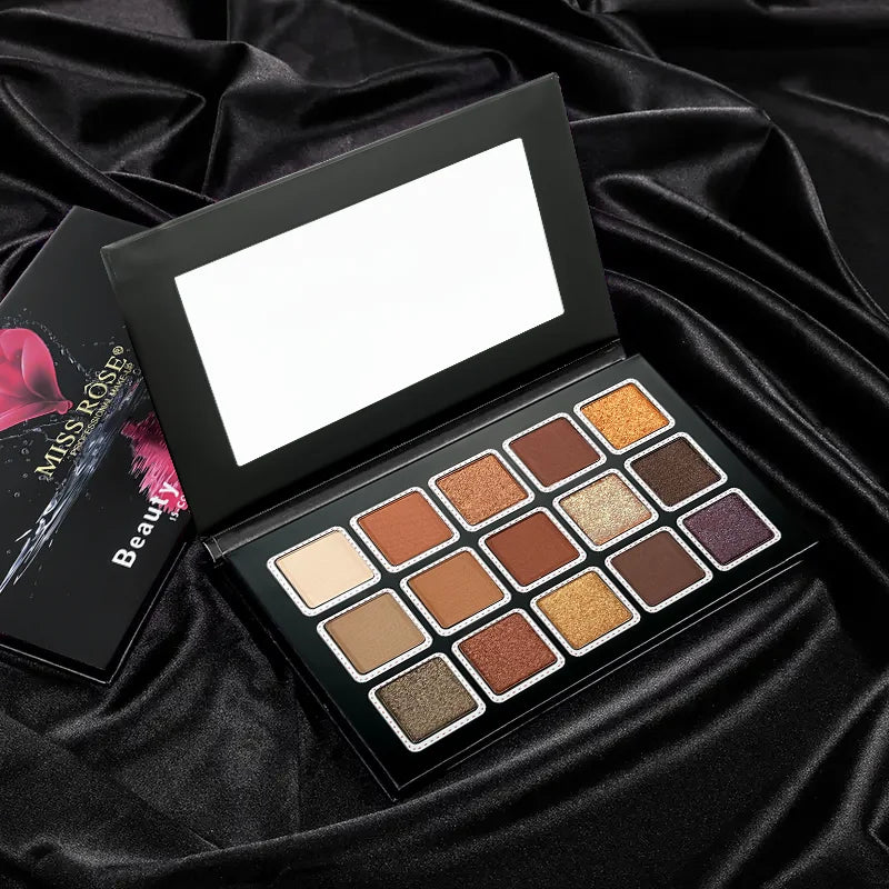 Blushimmer 15-color glitter eyeshadow palette with matte, waterproof, long-lasting pressed powders for vibrant eye makeup looks.