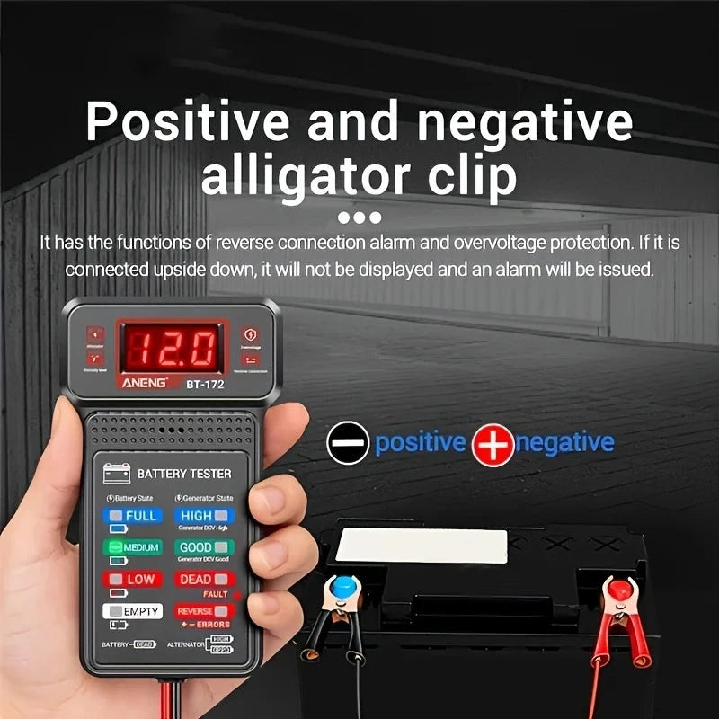 Smart car battery tester with digital display, used for quick diagnosis of battery health and capacity in various car models.
