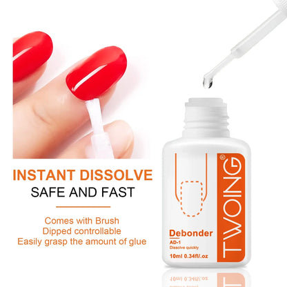 Blushimmer false nail remover with 10ml dissolving liquid for press-on nails and glue removal, displayed in a clear bottle.