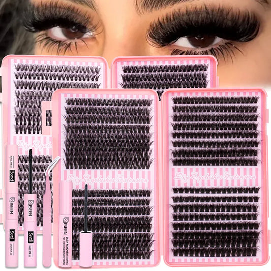 Blushimmer DIY eyelash extension kit with reusable single eyelashes, tweezers, bond, and seal for eye makeup and festival looks.