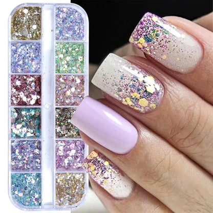 Iridescent mixed hexagon nail glitter sequins with holographic flakes for nail art and gel polish manicure by Blushimmer.