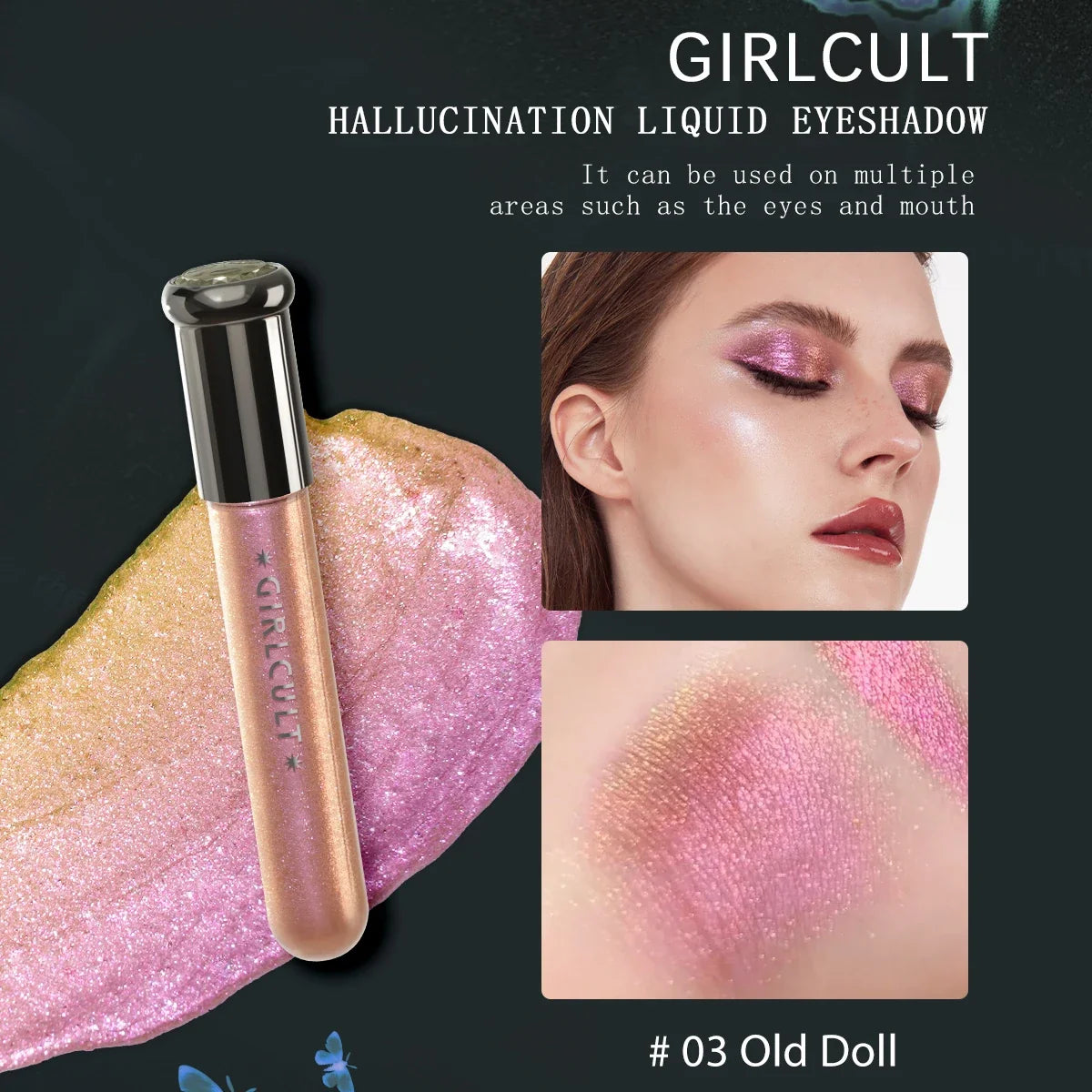 Girlcult Hallucination liquid eyeshadow by Blushimmer with fine glitter, metallic shine, and iridescent shift for eye makeup.