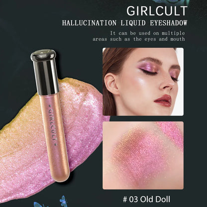 Girlcult Hallucination liquid eyeshadow by Blushimmer with fine glitter, metallic shine, and iridescent shift for eye makeup.