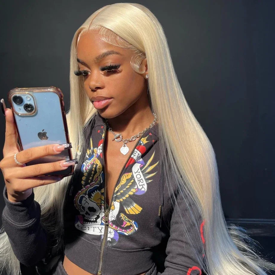 40-inch straight blonde 613 human hair lace frontal wig by Selvanelle with 13x6 transparent lace, pre-plucked for a natural look
