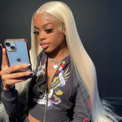 40-inch straight blonde 613 human hair lace frontal wig by Selvanelle with 13x6 transparent lace, pre-plucked for a natural look