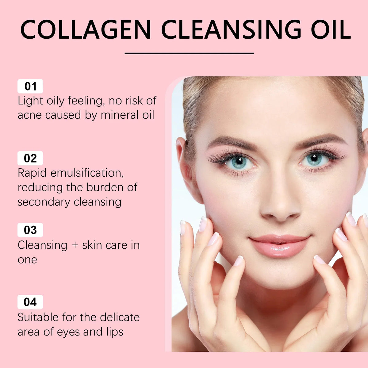 Blushimmer collagen makeup remover oil with jojoba oil, gentle deep cleansing facial cleanser in a clear bottle showing the product