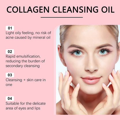 Blushimmer collagen makeup remover oil with jojoba oil, gentle deep cleansing facial cleanser in a clear bottle showing the product