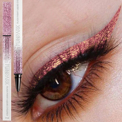 Shiny pearlescent metallic liquid eyeliner by Blushimmer, waterproof in a 0.6ml tube, with a sleek applicator brush visible.