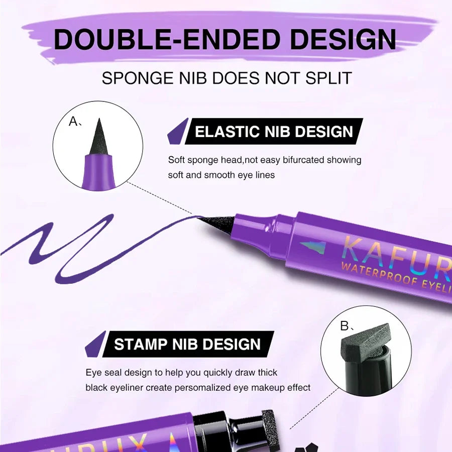 Blushimmer 2-in-1 waterproof liquid eyeliner pen in black, purple, and blue with a seal stamp, ideal for Korean makeup looks.