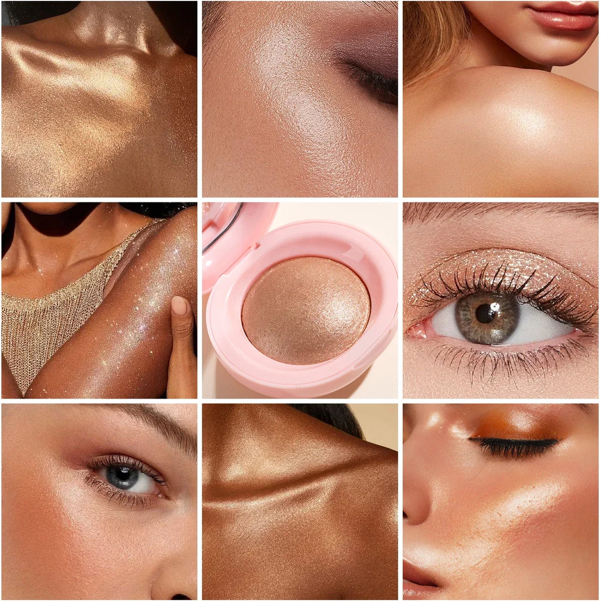Blushimmer baked highlighter palette with radiant glitter eyeshadow and pressed powder for luminous, long-wearing makeup looks.