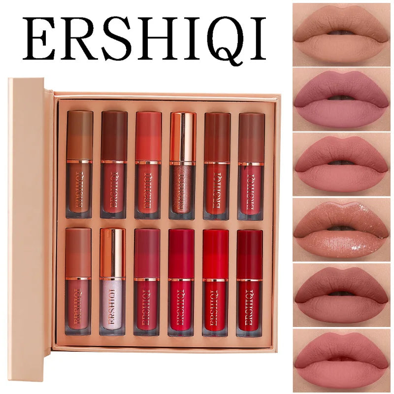 Set of 12 Blushimmer matte liquid lipsticks with waterproof, long-lasting, non-stick cup formula in various vibrant colors.