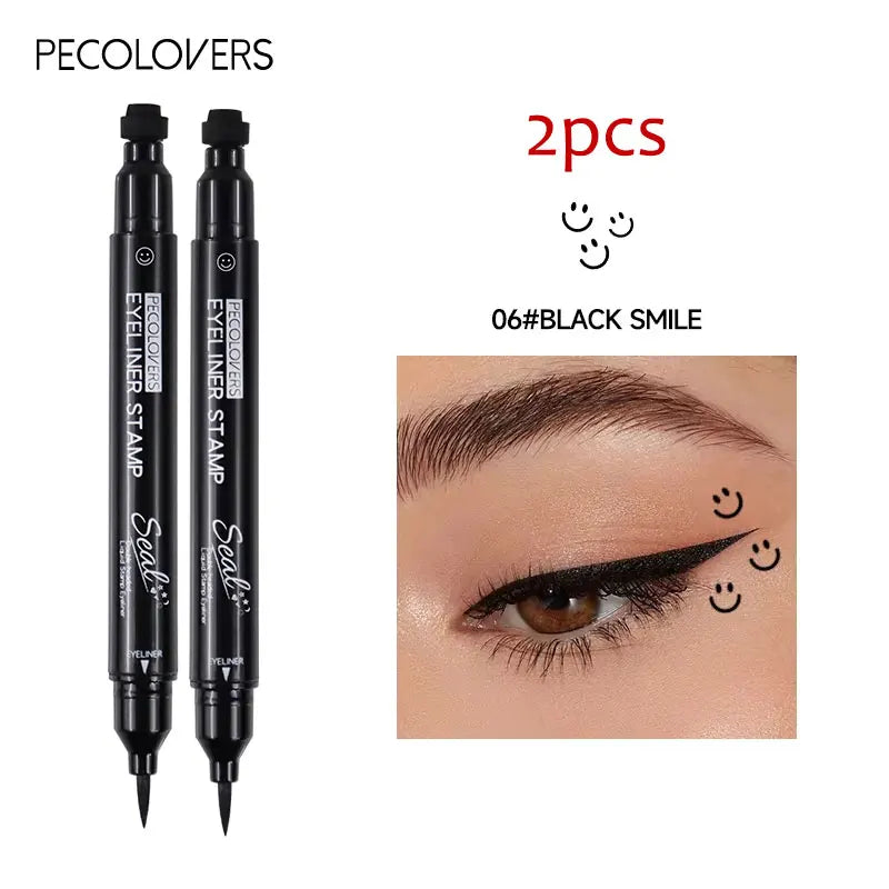 Black waterproof 2-in-1 star and moon stamp liquid eyeliner by Blushimmer, showing the product with star and moon stamps on the packaging.