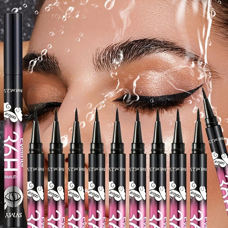 Blushimmer 12-pack black liquid waterproof eyeliner pencils with precise tips for long-lasting eye makeup application.