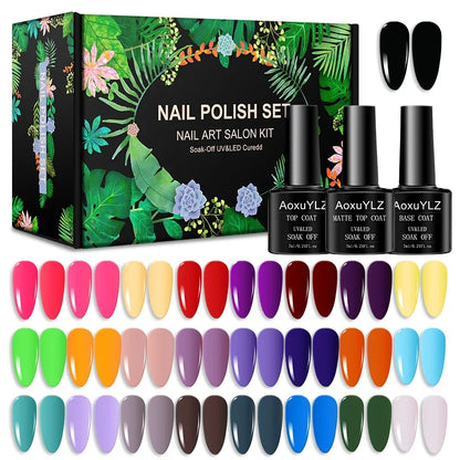 Set of 28 colorful gel nail polishes by Blushimmer in glass bottles, includes matte top coat and base coat for professional nail art.