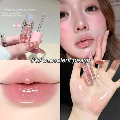 Blushimmer moisturizing shimmer lip gloss with hydrating jelly formula and mirror-like gloss finish, shown in a sleek tube.