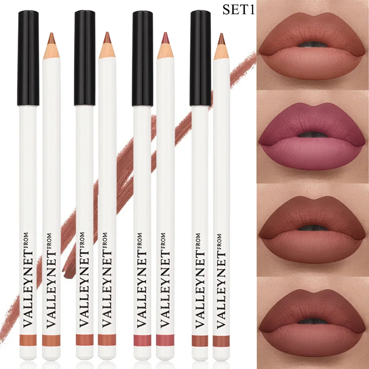 Blushimmer 4-piece waterproof lip liner and lipstick set, featuring 2-in-1 eyeliner and lip color in sleek packaging.