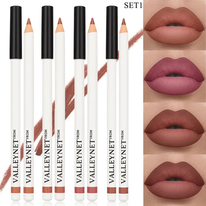 Blushimmer 4-piece waterproof lip liner and lipstick set, featuring 2-in-1 eyeliner and lip color in sleek packaging.