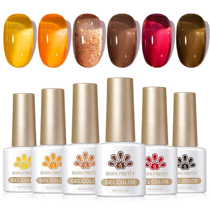 Six BORN PRETTY Crystal Amber Gel Nail Polishes in pink and nude shades, perfect for semi-permanent UV and LED manicures.