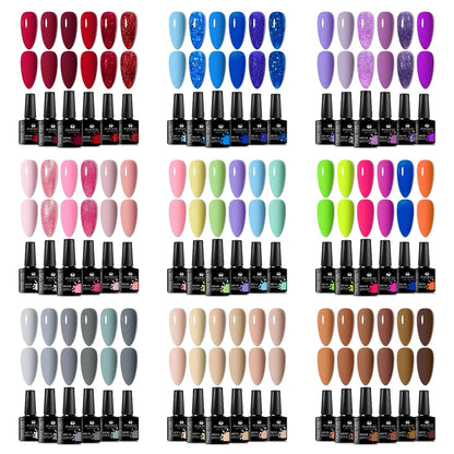 Blushimmer 6-piece nail gel polish set with vibrant, semi-permanent UV gel for all-season manicures and DIY nail designs.