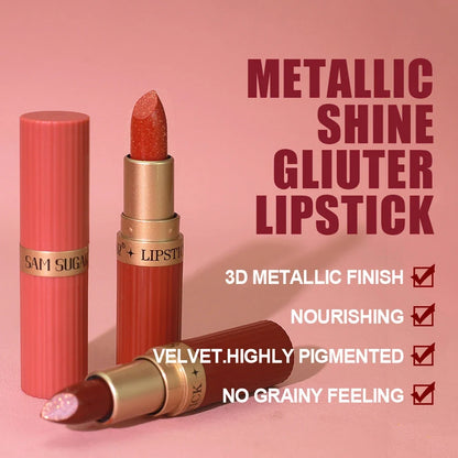 Blushimmer metallic glitter lipstick in chocolate brown with shimmery finish, long-lasting, waterproof, non-fade, sparkling lip gloss makeup