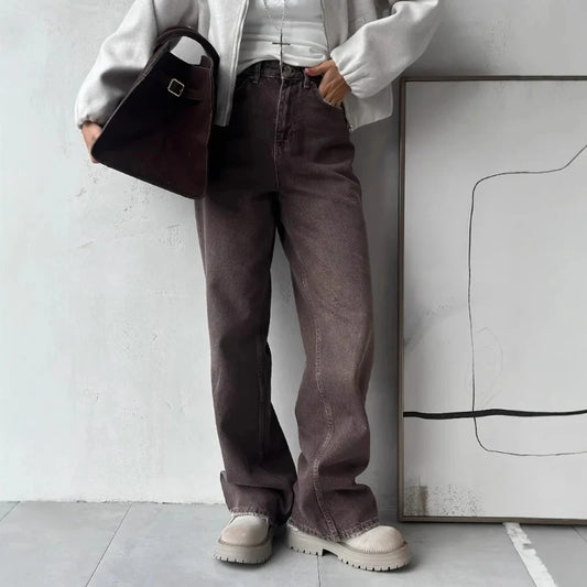 2025 New Retro Loose Casual Pants Women's Four Seasons Versatile High Waist Brown Straight Leg Jeans