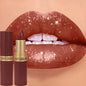 Chocolate brown metallic glitter lipstick by Blushimmer with a shimmering, long-lasting, waterproof, non-fade pearl gloss finish.