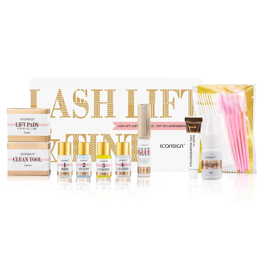 Blushimmer ICONSIGN Lash Lift and Tint Kit with eyelash perm and brow dye products, displayed in the packaging.