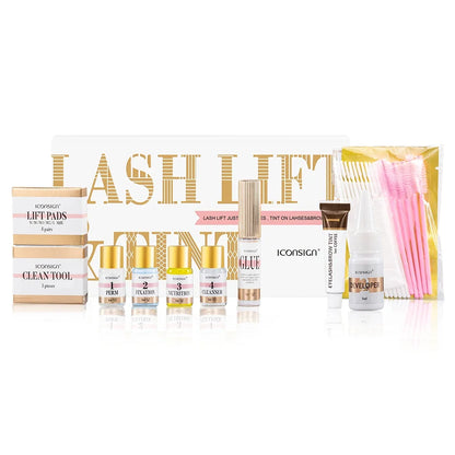 Blushimmer ICONSIGN Lash Lift and Tint Kit with eyelash perm and brow dye products, displayed in the packaging.