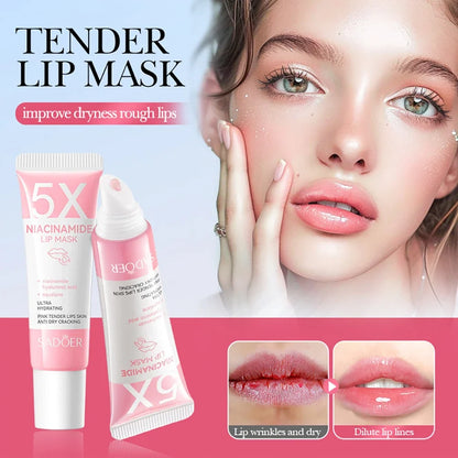 Blushimmer Niacinamide Plumping Lip Mask in 10g container, showing soft, pink lips and hydrating formula for chapped lips.