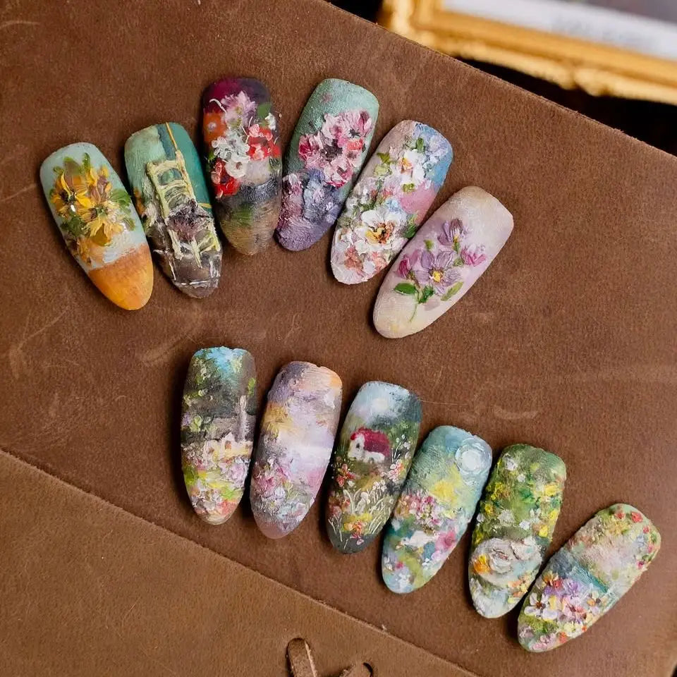 Set of 24 Blushimmer wine red almond press-on nails with cartoon rabbit, bowknot, plaid, pearl accents, and French tip designs.