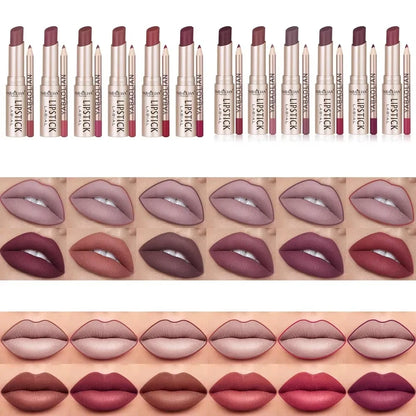 Professional 2PCS Lip Liner Lipstick Set Matte Finish High Pigment Long Lasting Waterproof Sweatproof Cosmetic Beauty Kit